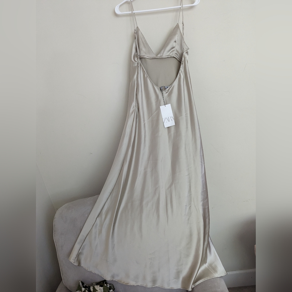 ZARA SATIN SLIP DRESS CHAMPAGNE MINK M NWT - Picture 2 of 5